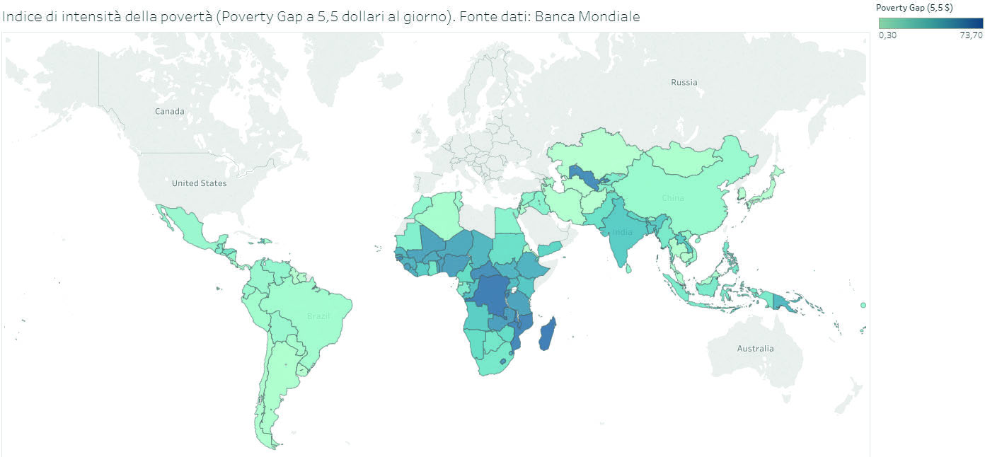 Indice di intensità della povertà a 5,5 dollari al giorno (Ultimo anno